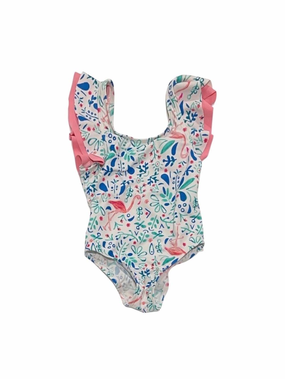 Girls Pink Flamingo Print Ruffle One-Piece Swimsuit